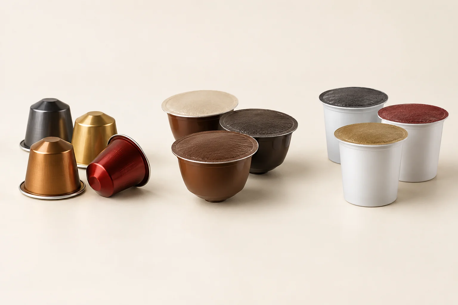 Brand-neutral comparison of Nespresso Original-style, Dolce Gusto-style and K-Cup-style coffee capsules
